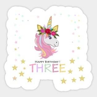 Third birthday greeting. Three. Magical Unicorn Birthday invitation. Party invitation greeting Sticker